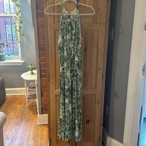 Loft Like-New Tropical Maxi Dress Sleeveless Green M, Waist Tie